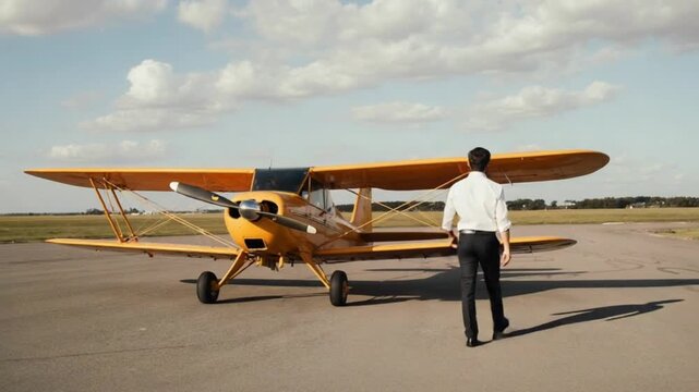 Pilot walking on runway towards vintage yellow biplane under a cloudy sky