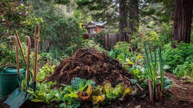 Organic Gardening Scene: A vibrant compost pile nestles amongst thriving vegetables and tools, with a glimpse of the surrounding house creating a harmonious scene of sustainable living.