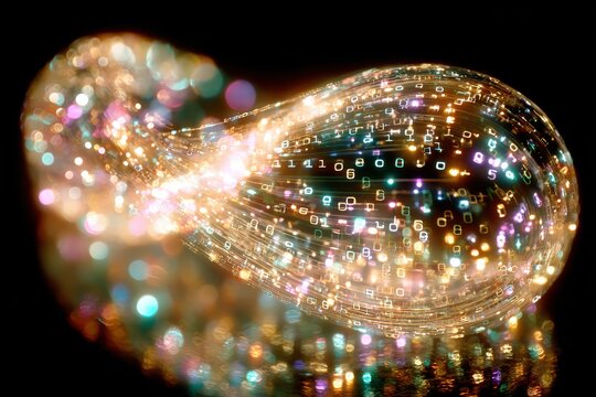 Abstract representation of flowing digital data stream with glowing numbers and vibrant colors, symbolizing the fusion of technology and creativity in modern society - Powered by Adobe