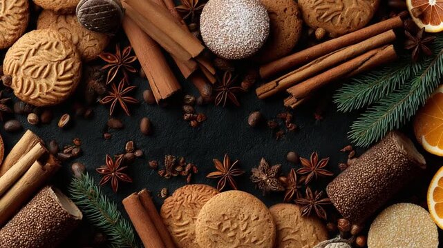 Culinary Autumn: A delightful arrangement of cookies, cinnamon sticks, and star anise, accompanied by subtle hints of citrus and a touch of greenery, composing a feast for the senses.
