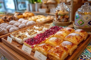 Fototapeta premium Assorted Bakery Delights Featuring Croissants, Cakes, Pastries, and Sweet Treats Perfect for Breakfast or Dessert in a Cozy Bakery Setting