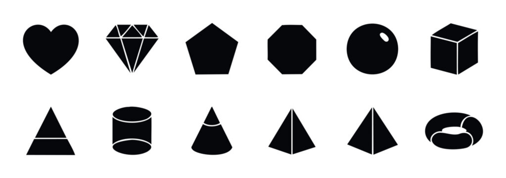 A versatile collection of basic two dimensional and three dimensional geometric shapes perfect for educational resources, graphic design projects, and abstract visual presentations.