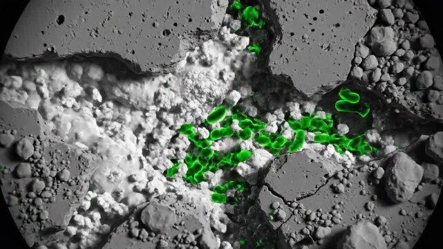 Microscopic view of fluorescent green bacteria on a gray surface