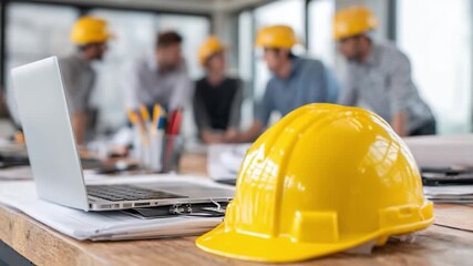 Blueprint for Collaboration: An architectural team gathers around a table, the focus on a laptop and a vibrant yellow hard hat. The scene highlights teamwork, planning, and meticulous preparation.