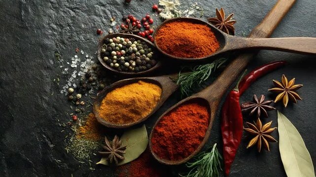 Culinary Treasures: A culinary tableau showcasing an array of aromatic spices artfully arranged in wooden spoons, evoking the rich tapestry of flavors found in international cuisines. 