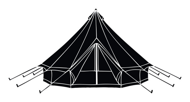 A black bell tent outline with white structural lines represents a cozy camping shelter for outdoor adventures and luxurious glamping experiences.