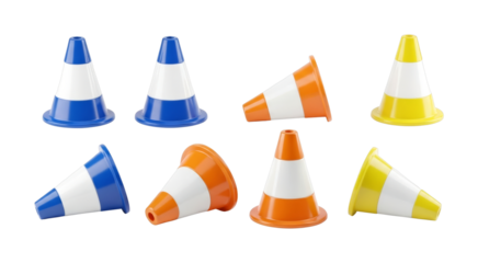 Traffic cones in various colors and orientations are arranged in a dynamic pattern, symbolizing construction, warning, and road safety.