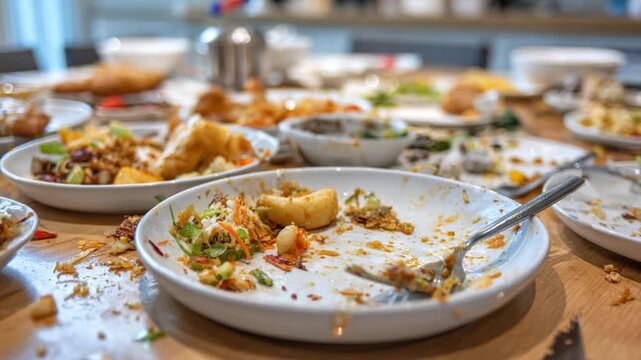 Feast Remains: A table displays the remnants of a satisfying meal, with half-eaten dishes. Plates and bowls of delectable food