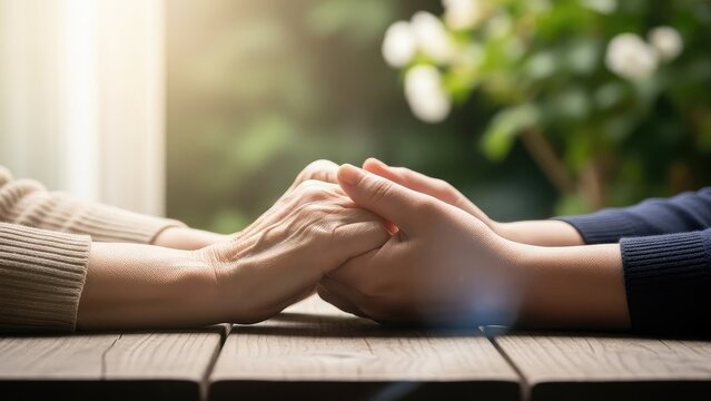 Couple Holding Hands on Wooden Table.