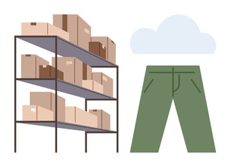 Stacked storage shelves of boxes beside green pants and cloud indicate online shopping, inventory, e-commerce, organization, logistics, warehouse management, digital retail systems. Simple flat
