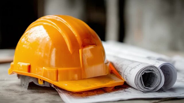 Construction blueprint and helmet: An orange construction helmet sits atop a rolled blueprint. Symbolizing safety, planning and design of construction industry.