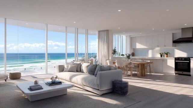 Oceanfront Living: A modern interior with panoramic ocean views, offering a sense of serenity and luxury. The space is filled with natural light.