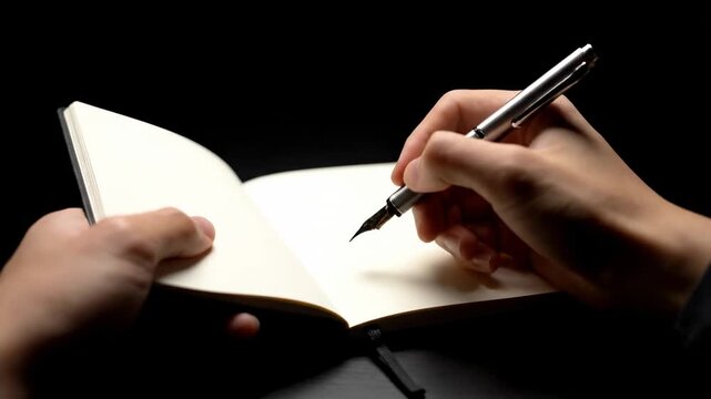 Left hand flips a page of an open blank notebook on a dark desk, soft light highlights paper & tabs