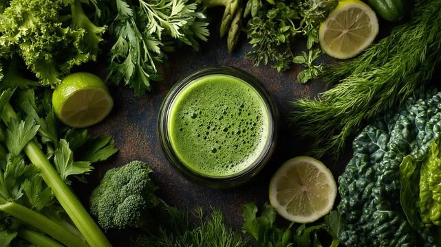 Vibrant Green Smoothie and Fresh Ingredients: An invigorating green smoothie, surrounded by an array of fresh, verdant ingredients, symbolizing health, vitality.