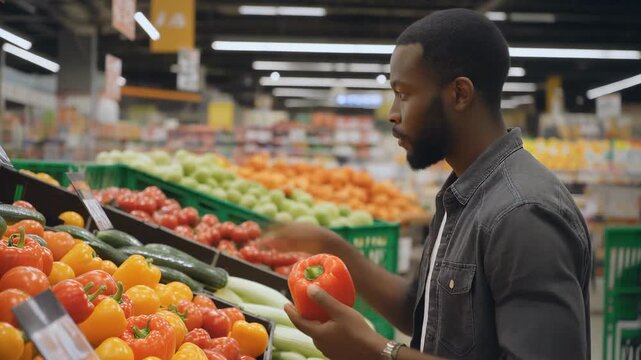 African American man with beard in casual shirt choosing fresh red bell pepper from grocery store - Powered by Adobe