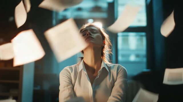 Stressed businesswoman throwing papers in busy office, symbolizing pressure, burnout, corporate stress frustration overload exhaustion anxiety crisis deadline dramatic workplace and emotional struggle