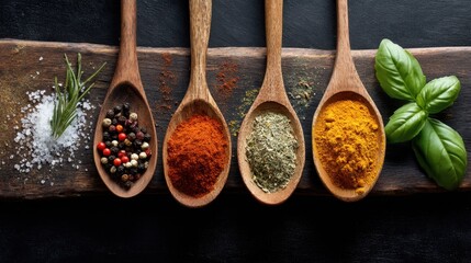 Various spices and herbs are placed on wooden spoons on a dark surface. This scene shows preparation for cooking with colorful ingredients highlighting flavors and aromas.
