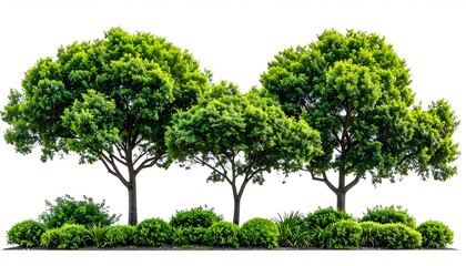 Lush green trees and bushes aligned in a row, isolated on a white backdrop