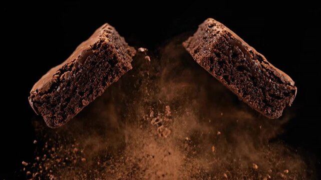 Two dense chocolate brownie halves split midair with cocoa dust and crumbs bursting outward richly