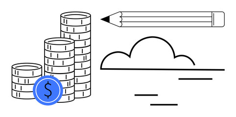 Business, finance, creativity, planning, cloud technology, innovation. Coins stacked, a pencil and a cloud icon arranged on a white background. Finance and creativity concept © robu_s