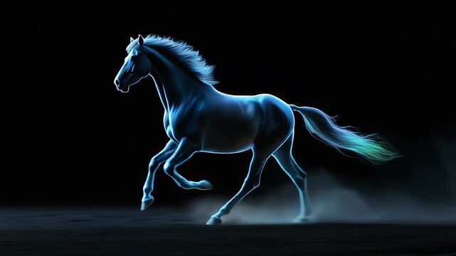 Wide cinematic footage of a realistic horse silhouette running through negative space, enhanced by subtle abstract energy accents.