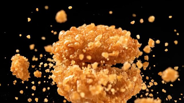 Golden crispy fried chicken chunk suspended midair, surrounded by scattered crunchy crumbs on black!