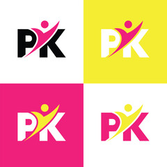 this logo design depicts a monogram PK in with an abstract man at the center in flat colors