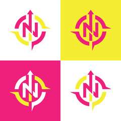 this logo design depicts an initial N inside a compass  with an arrow facing upward indicating North in flat style and colors