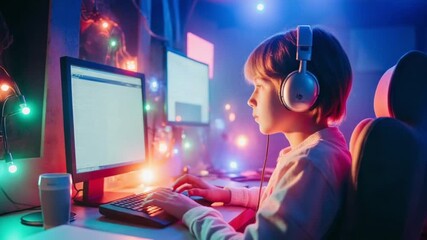 Young coder or gamer concentrating on screen with vibrant lights