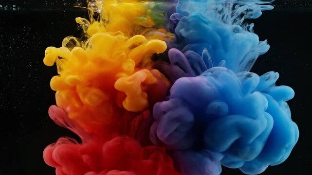 Vivid red and blue ink plumes billow and intertwine in dark water, creating soft cloudlike forms...