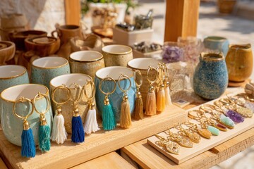 Close-Up of Artisan Craft Fair Display Featuring Colorful Keychains with Tassels, Unique Handcrafted Mugs, and Decorative Pottery Items in Natural Setting