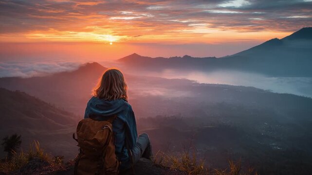 Sunrise Serenity: A lone traveler embraces the breathtaking panorama from a mountaintop, her gaze fixed on the vibrant colors of dawn painting the sky, creating a feeling of peace and contemplation.