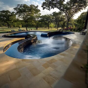 Large Kidney-Shaped Swimming Pool in Backyard with Trees