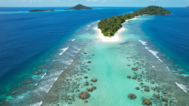 Aerial view of turquoise lagoon, coral gardens and white sand spit curving to lush green islet coves