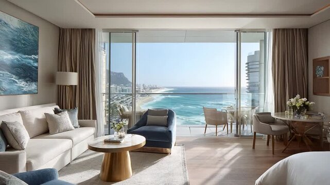 Seaside luxury: A modern living room, boasting an expansive view of the ocean, invites relaxation. With panoramic views and comfortable furniture, the scene whispers of leisure and tranquility.