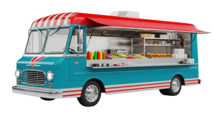 Gleaming teal blue vintage food truck, red/white stripes, chrome, open window, stainless steel kitchen, colorful food items, transparent studio, commercial product photography concept