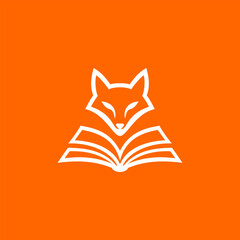 Minimalist fox logo reading an open book, clever animal education symbol in white on orange background, modern flat vector icon