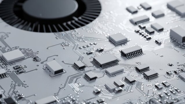 Close-up of a Computer Motherboard with Integrated Circuits and Fan.
