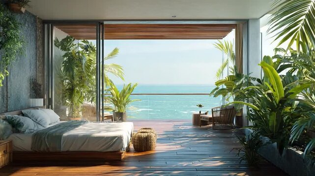 Luxury Seaview Bedroom: A lavish bedroom seamlessly blends indoor comfort with the breathtaking beauty of an ocean vista, complete with lush foliage and a relaxing ambiance.
