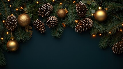 Christmas Pine Branch with Golden Ornaments and Fairy Lights on Dark Background