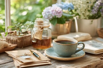 Fototapeta premium Cozy morning scene with a cup of coffee, handwritten notes, fresh flowers, a pot of herbal tea, and a relaxing atmosphere for creative inspiration and tranquility.