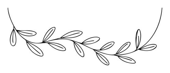 Minimalist hand drawn botanical branch with small leaves in a curved wreath shape, perfect for natural event invitations, greeting cards, or decorative graphic design elements