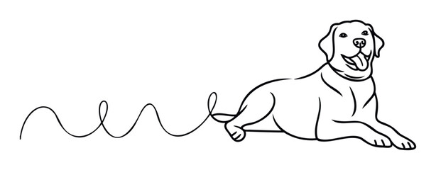 Minimalist black line depiction of a friendly Labrador Retriever dog comfortably lying with a continuous wavy line extending, excellent for pet care services, veterinary branding, or