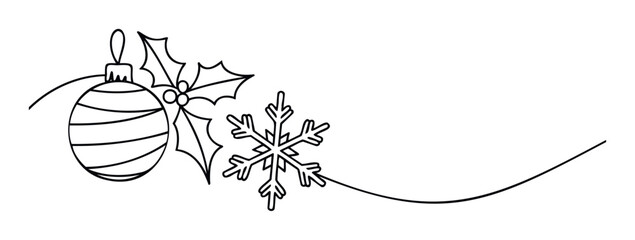 Simple black outline drawing showcasing Christmas holiday decorations with a striped bauble, classic holly leaves, and a delicate snowflake connected by a flowing line, perfect for seasonal