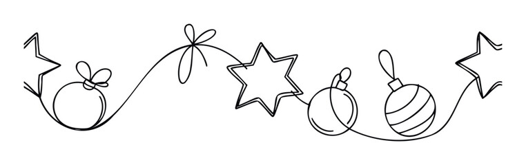 Minimalist black line art depicting a charming Christmas garland with stars and baubles, perfect for seasonal website headers or festive branding