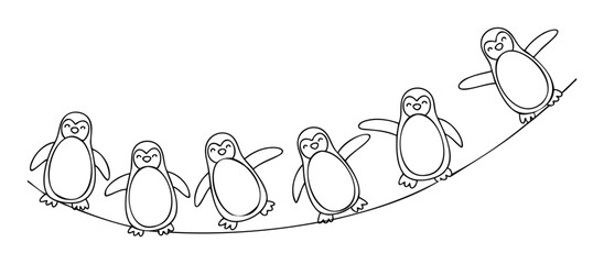 Cheerful group of adorable penguins happily walking on a gentle slope, ideal for educational content, greeting cards, or playful merchandise designs.