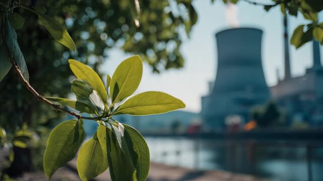 Industrial Symbiosis: An evocative shot of nature coexisting with the industry. The image juxtaposes a branch of verdant foliage against the backdrop of a colossal industrial complex.