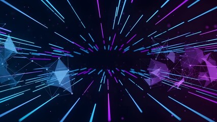 Abstract Digital Technology Background with Neon Blue and Purple Light Rays and Geometric Mesh Plexus