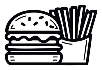 Delicious classic hamburger and crispy french fries black and white line drawing ideal for restaurant menus, food packaging, or quick service dining promotions