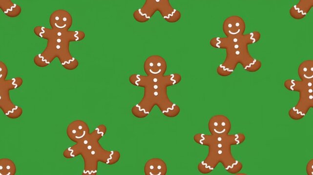 Seamless Pattern of Cute Gingerbread Man Cookies with White Icing on a Vibrant Green Background